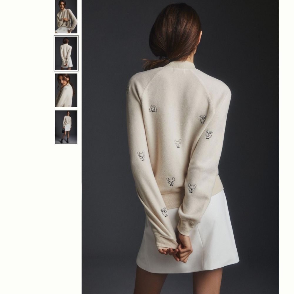 Anthropologie T.La Embroidered Mock-Neck Sweatshirt Bulldog - Picture 3 of 4